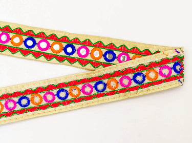 Beige And Red Indian Mirror Trim Kutch Embroidered Navratri Garba Dress Trim Bridal Lace, Sari Border 30 mm Wide Trim Per 3 Yards